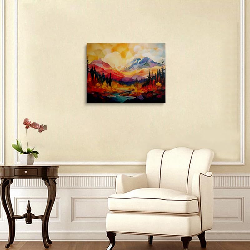Abstract Mountain Sunset Canvas Wall Art Framed Print Color Block Painting Geometric Peaks with Forest River in Vibrant Warm Cool Tones Modern Nature Wall Decor Artwork 16x24 Inches (Red Mountain Scenery / 24"L x 16"W)