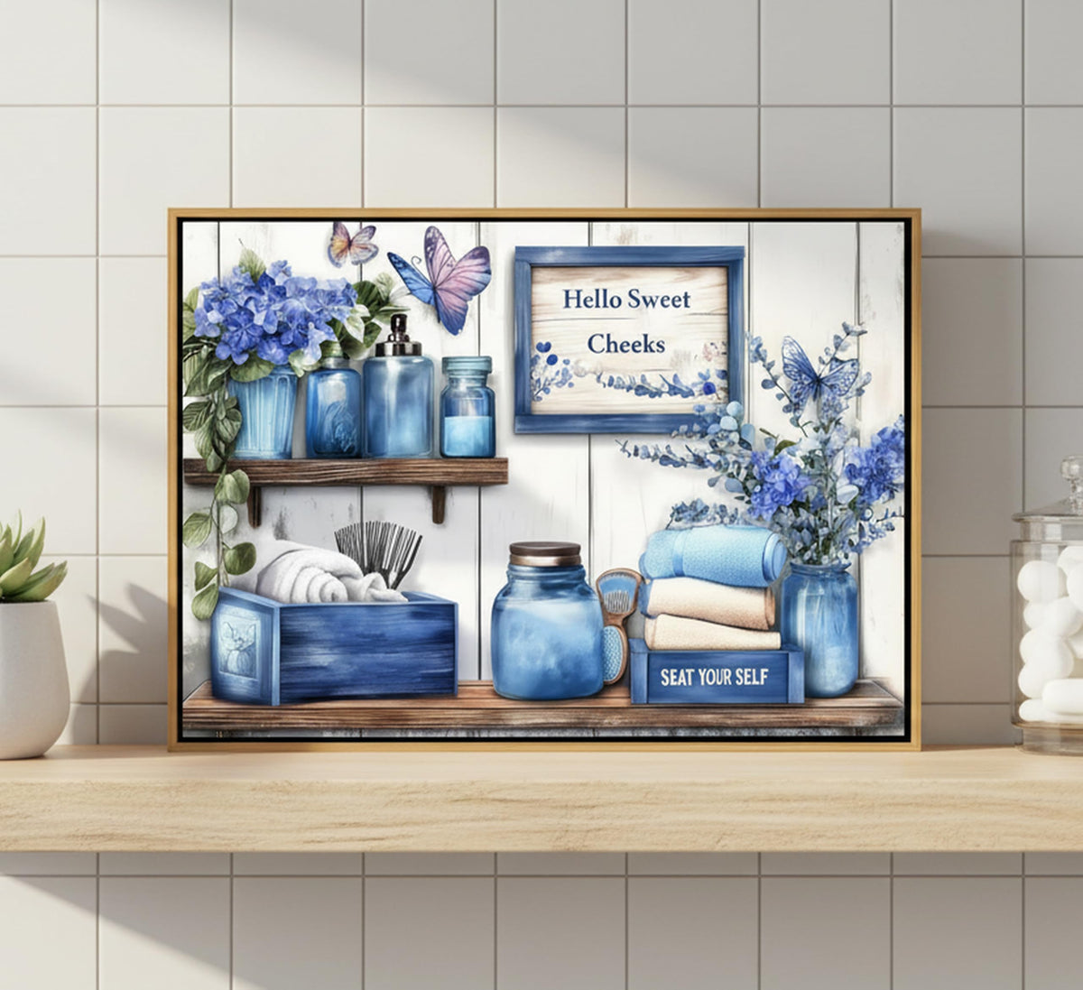 Framed Navy Blue Bathroom Canvas Wall Art 12x16Inches (Blue Framed / 16"L x 12"W)