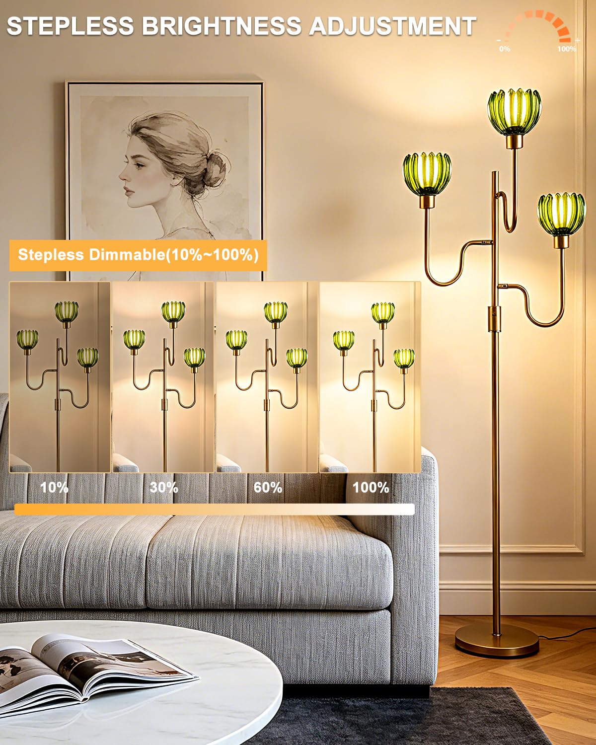 Dimmable Green Glass Floor Lamp Mid Century Modern Gold Floor Lamps with Warm White Bulbs Included 3 (3 Green Tulip-Gold)