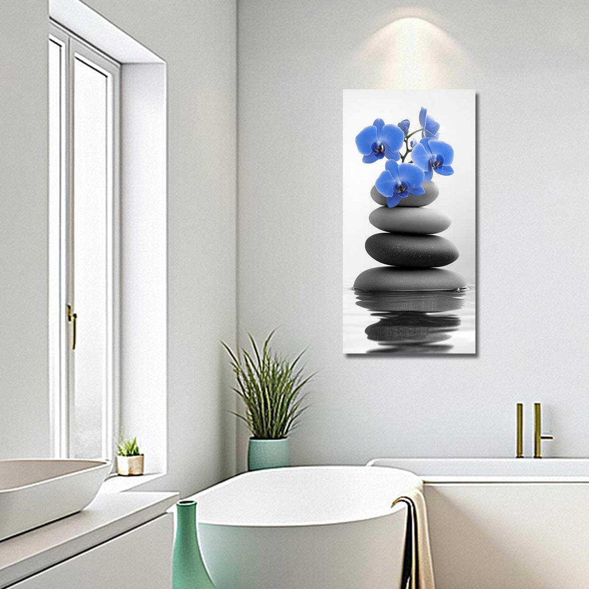 Black and White Bathroom Pictures Zen Wall Art Stone Orchid on Water Poster Prints Floral Relax Grey Canvas Paintings Office Decor Framed (Blue / 40L" x 20W")