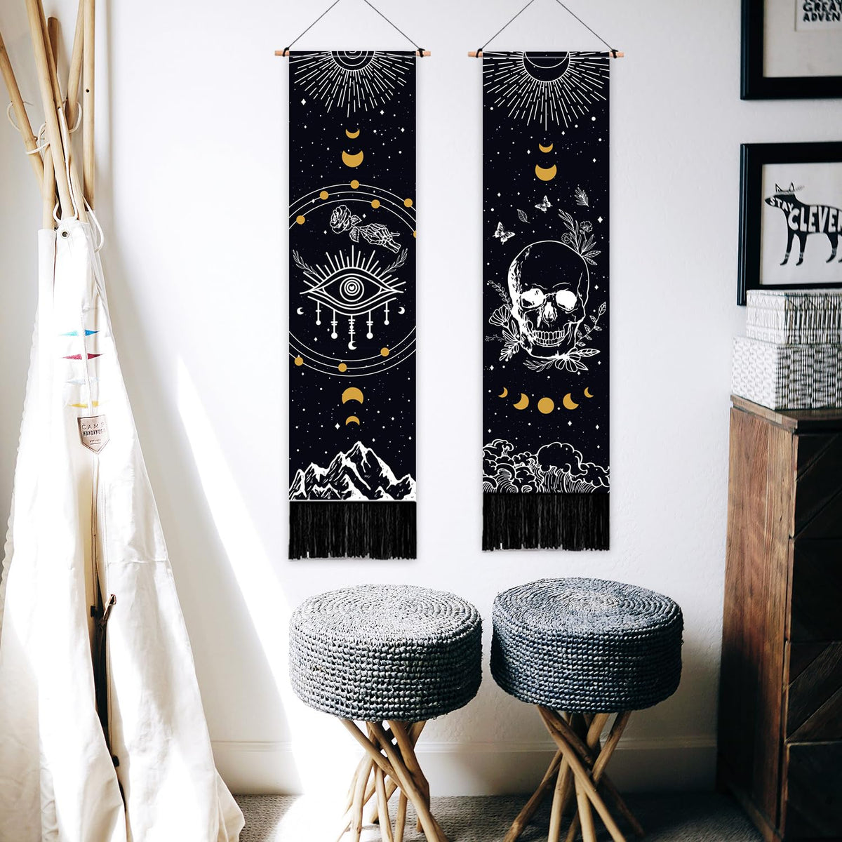 2 Pack Moon Phase Tapestry with Tassels (black,yellow)