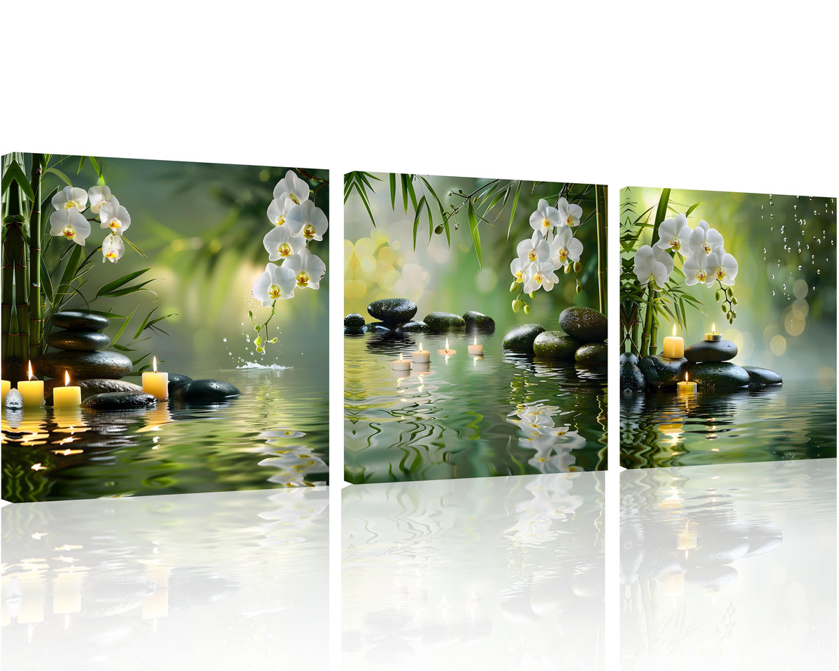 3 Pcs Canvas Zen Wall Art Zen Wall Art for Bathroom Bamboo Spa Stone White Flower in Water Picture Print on Canvas Spa Art for Walls for Home Decor Wall Decor Stretched and Framed 16x16inch (16x16inchx3 / Green Zen 4)