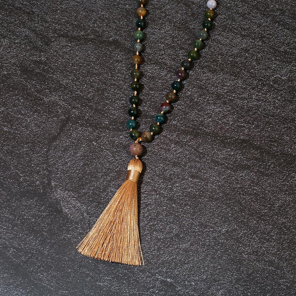 8mm Natural Stone Beads Knot 108 Mala Necklace Meditation Prayer Jewelry for Men and Women (Green Agate)