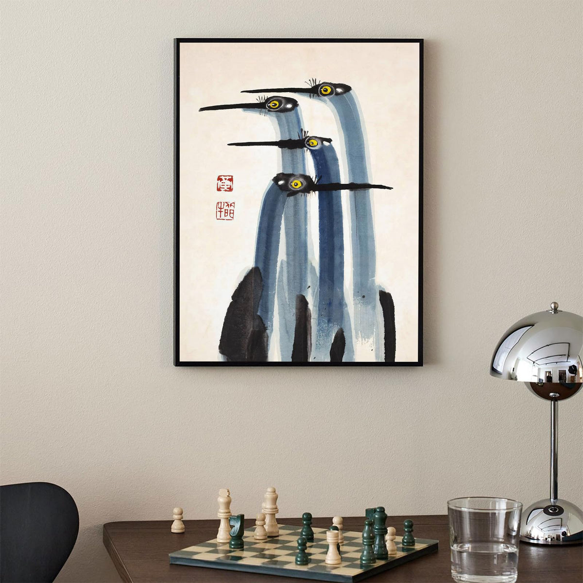 Vintage Japanese Crane Black Framed Poster Antique Asian Bird Canvas Wall Art 24x36 inch Blue Minimalist Animal Watercolor Prints for Country Farmhouse Wall Decor for Living Room Study Office Ready to hang (Black Framed / Japanese Decor / 36"L x 24"W)