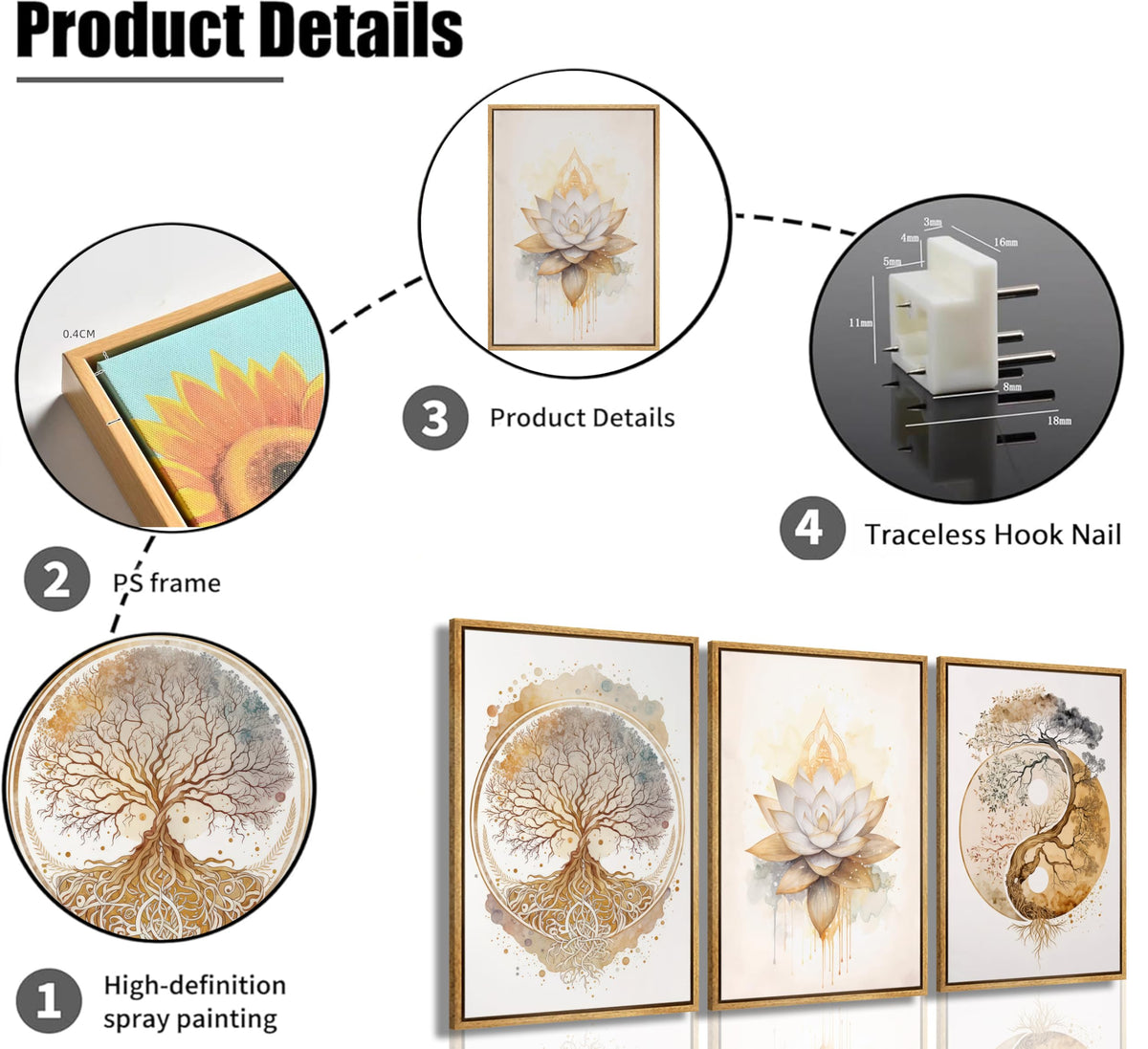 3pcs Framed Tree of Life Canvas Wall Art Gold Lotus Zen Painting Picture Wall Decor Abstract Yin Yang Poster Print Artwork for Living Room Yoga Room Hotel Bedroom Home Decoration Wood Color Framed (Wood grain frame / 16"L x 12"W)