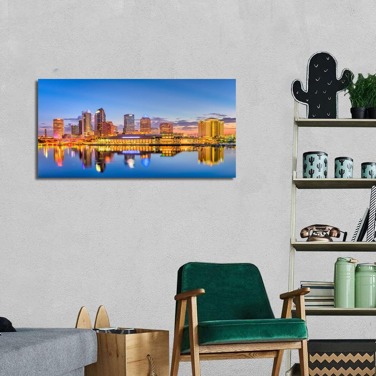Florida Skyline Wall Art USA City Poster Tampa Cityscape Picture Modern Office Wall Decor Blue Night Skyscraper Downtown River Reflection Painting Artwork for Living Room Decoration 20x40” (40"L x 20"W / Tampa)