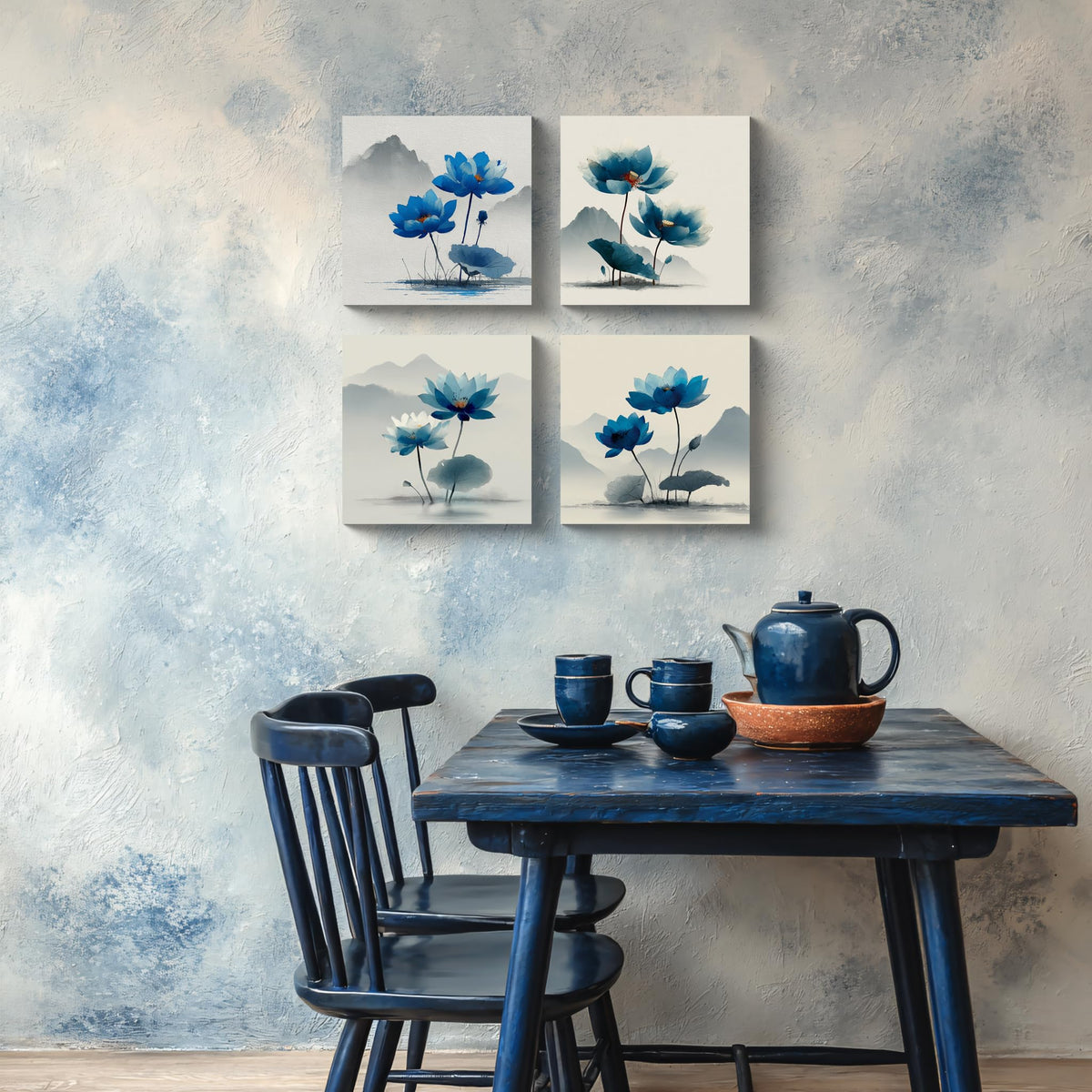 4PCS Blue Lotus Flower Wall Art Oriental Ink Painting Style Watercolor Botanical Canvas Print Traditional Chinese Zen Artwork Mountain Landscape Decor for Living Room Bedroom Meditation Space (12X12inchX4 / Blue Lotus-1)