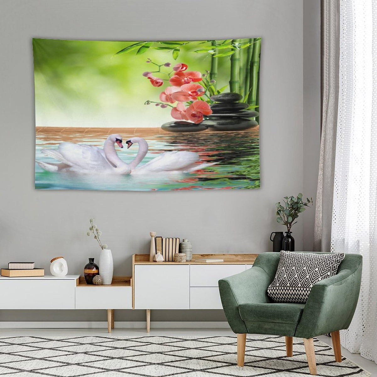 Spa Tapestry Wall Hanging Bamboo Orchid Red White Swan Spa Meditation Relaxing Art Tapestries Home Decor for Living Room Bedroom Farmhouse Kitchen Dorm 40"x60" (40"L x 60"W / Zen-6)