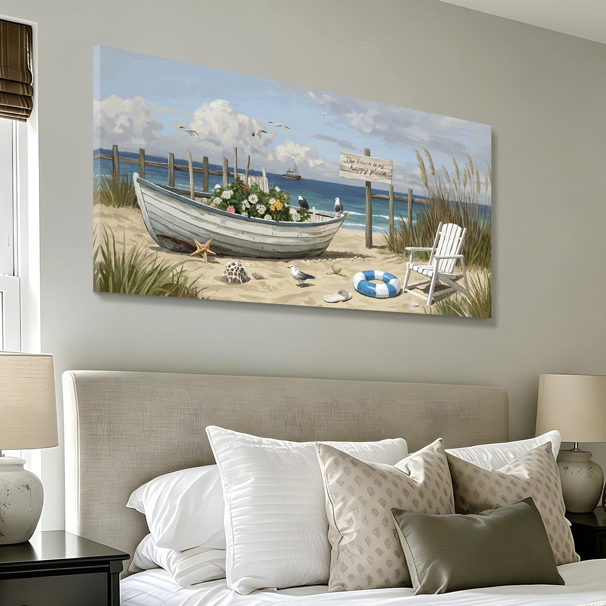 Seaside Wall Art Coastal Landscape Print For Living Room 48X24 In (Blue Seaside Boat Wall Art / 48"L x 24"W)