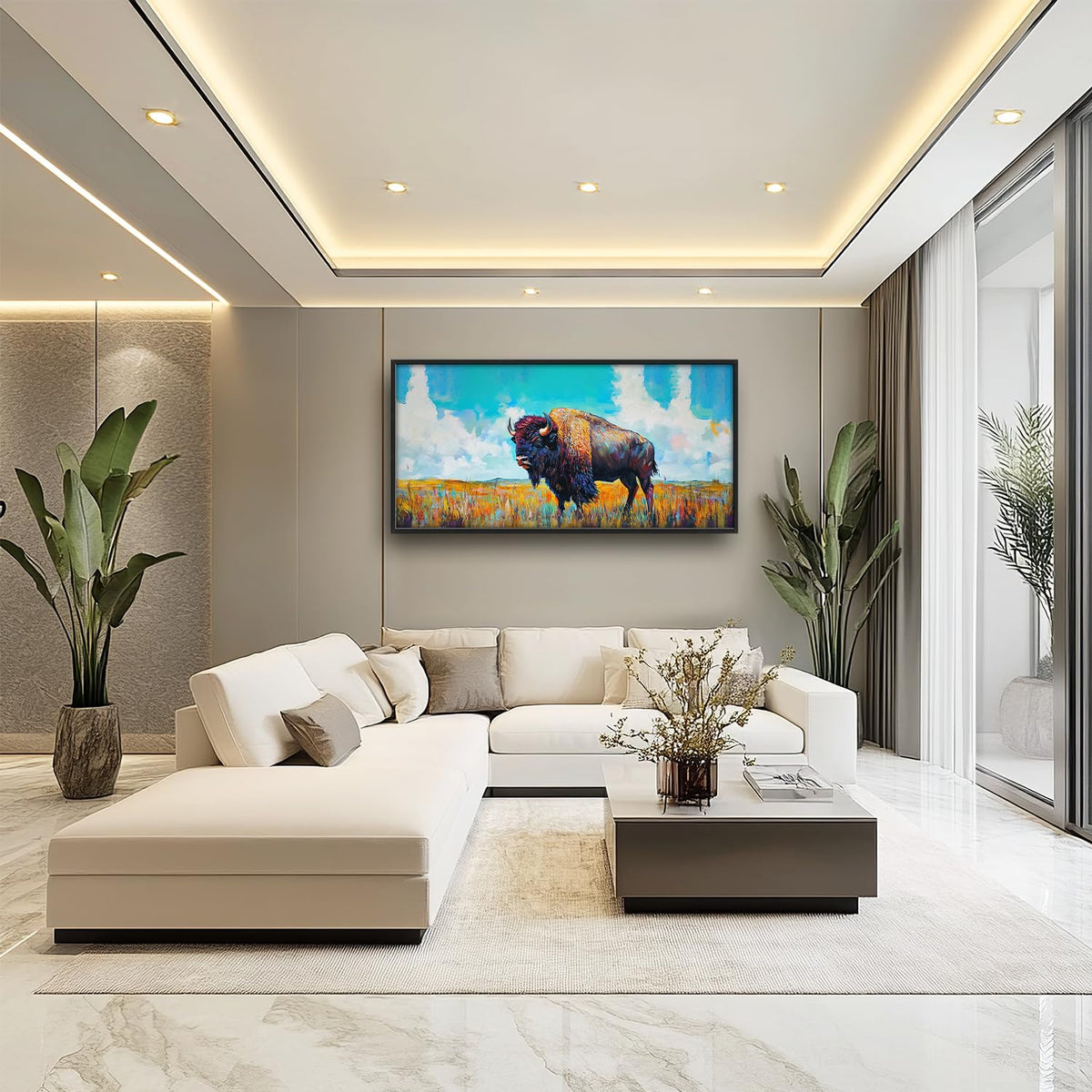 Extra Large Colorful Western Bison Framed Wall Art for Living Room (60"L x 30"W / Colorful Bison)