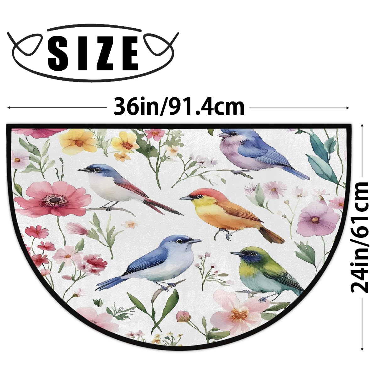 Spring Bird Flower Half Round Door Mat Indoor Entrance Low Pile Non Slip Absorbent Semi Circle Welcome Mats Doormats 36x24 in Floor Mats for Home Kitchen (Colorful Watercolor Bird Flower)