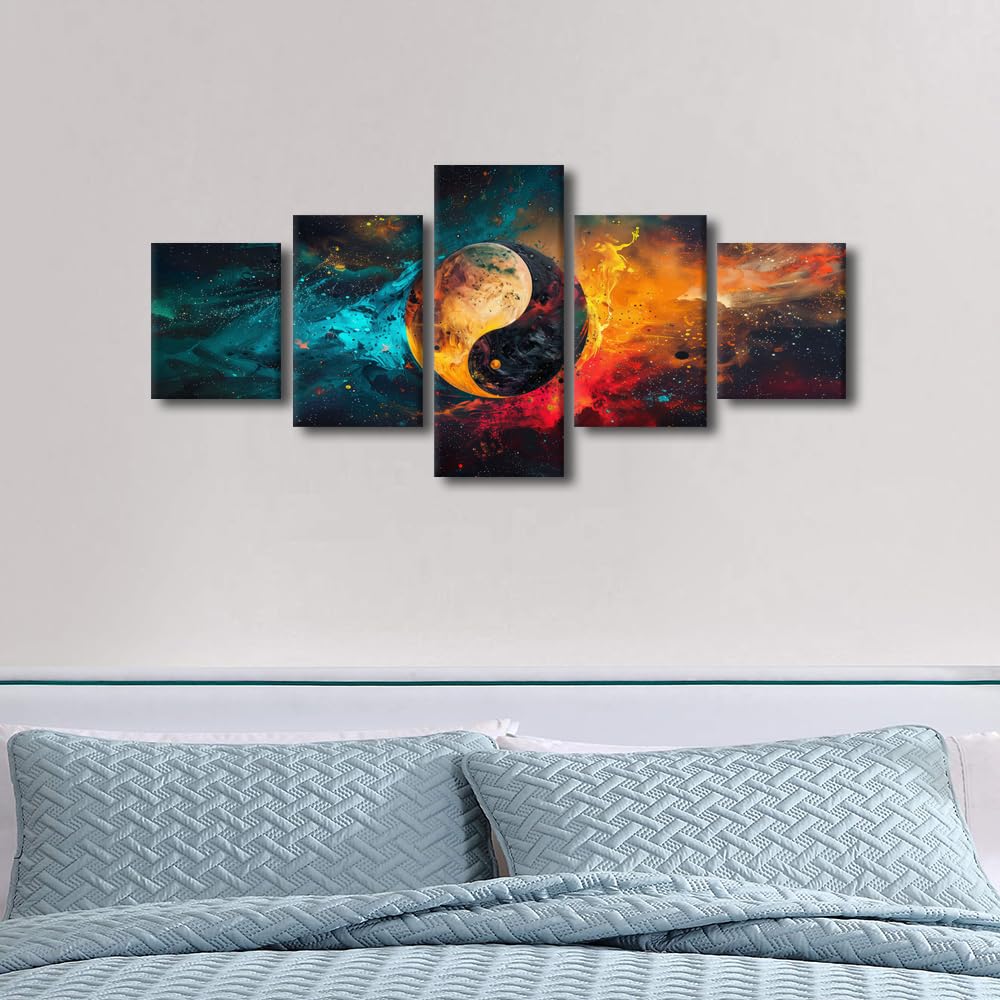 Canvas Wall Art Cosmic Yin Yang With Celestial Bodies Five Panel Framed Painting Modern Home Decor Space Theme Wall Art Galaxy Bedroom Decor Ready to Hang 50" Wx24 H (50''Wx24''H / Artwork-10)