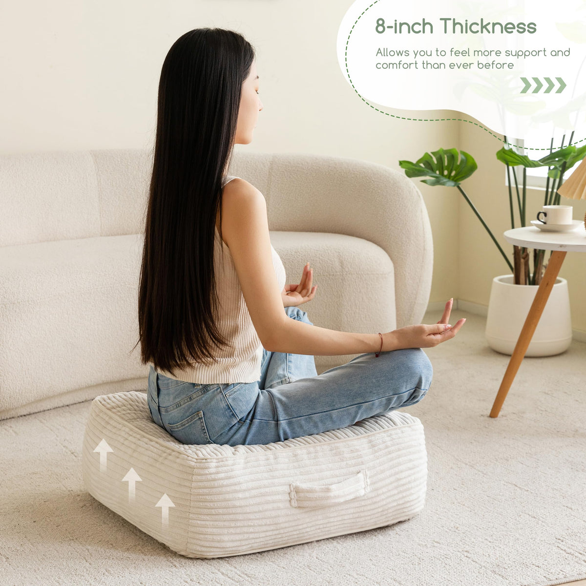 8" Extra Thick Floor Pillow Cushion for Adults (Square Beige / 8" Thick(Pack of 1))
