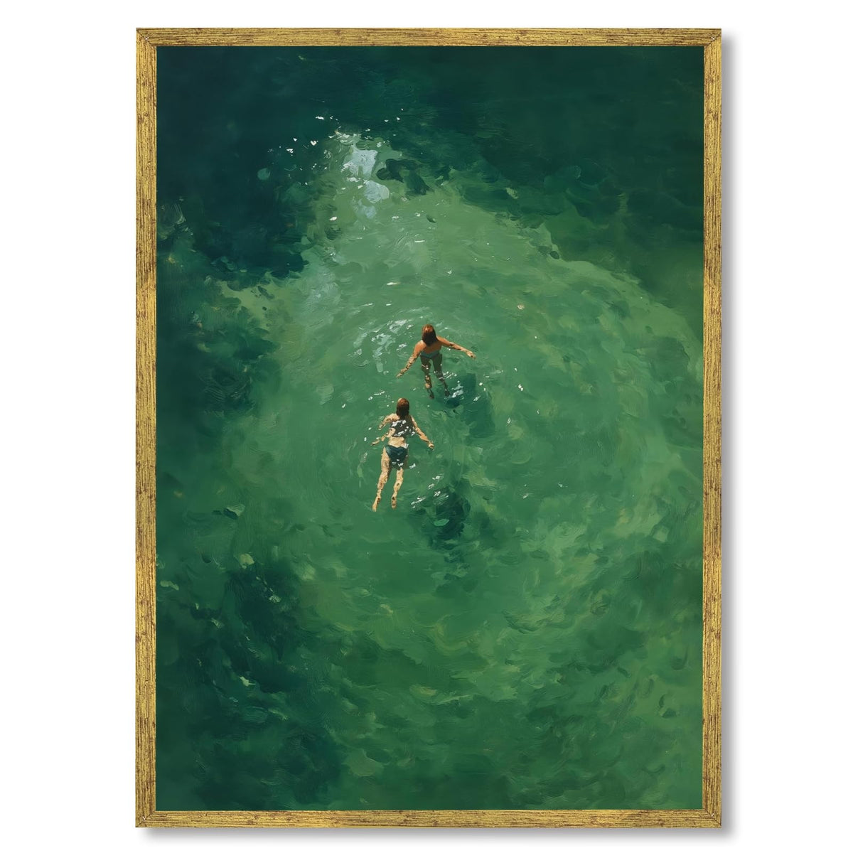 Gold Framed Swimmers Wall Art Swimming in Green Abstract Canvas Poster Aerial View Summer Ocean Painting Print Minimalist Relaxing Coastal Artwork for Bedroom Beach House Decor 12x18inch (12"L x 18"W / Swim - Gold Frame)