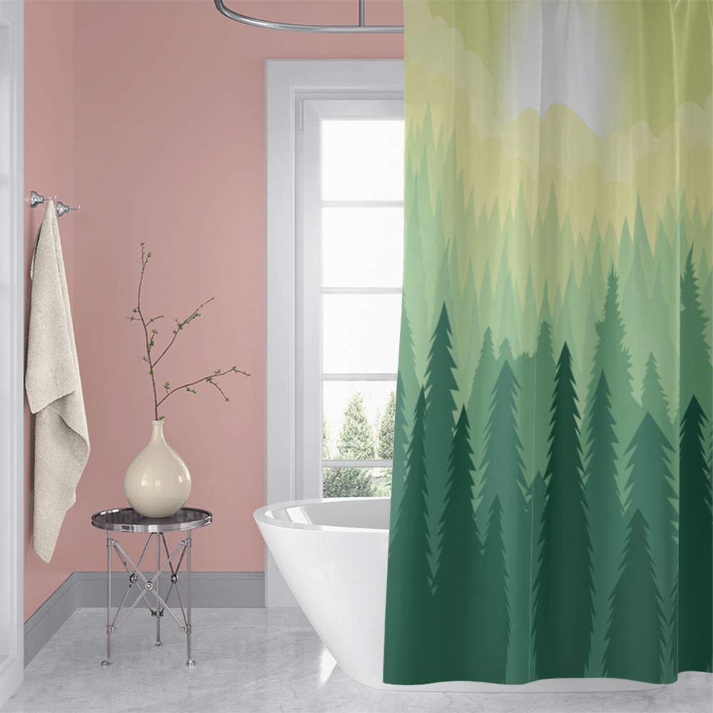72x96inch Misty Forest Shower Curtains Sunshine Cartoon Pine Tree Fantasy Woodland Rustic Landscape Print Farm Fantasy Fog Bath Curtain Cloth Fabric Polyester Bathroom Decor with Hooks (72"W x 96"L (Pack of 1) / Green)