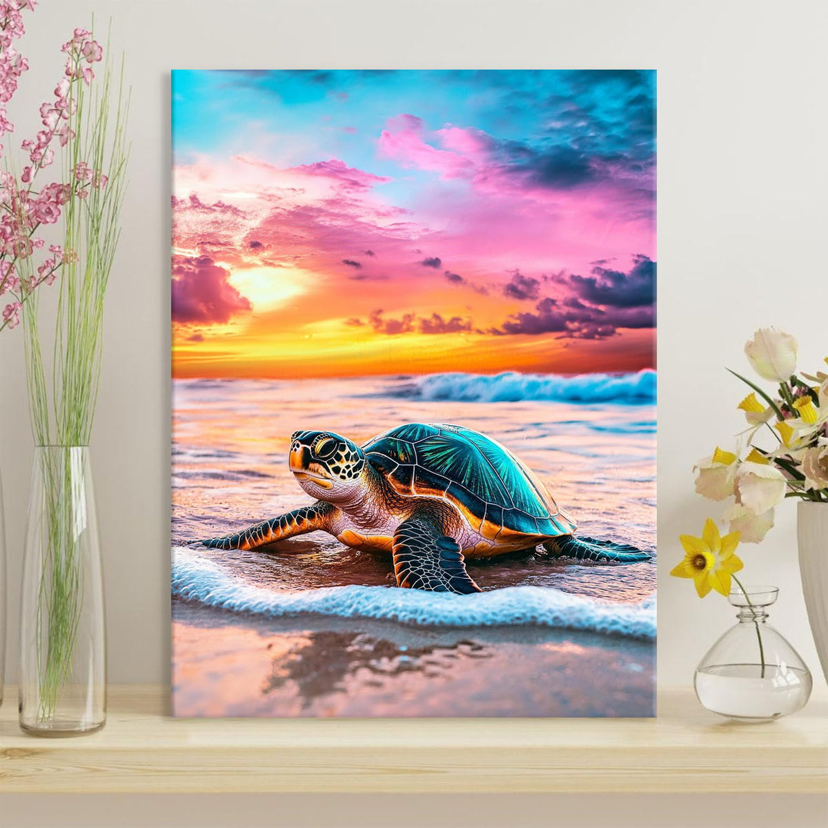 Sea Turtle Wall Art for Bathroom Sunset Ocean Beach Landscape Picture Nature Coastal Wall Decor Seascape Canvas Prints Painting Poster Nautical Artwork for Living Room Home Decorations 12x16 (12"L x 16"W / Seaturtle)