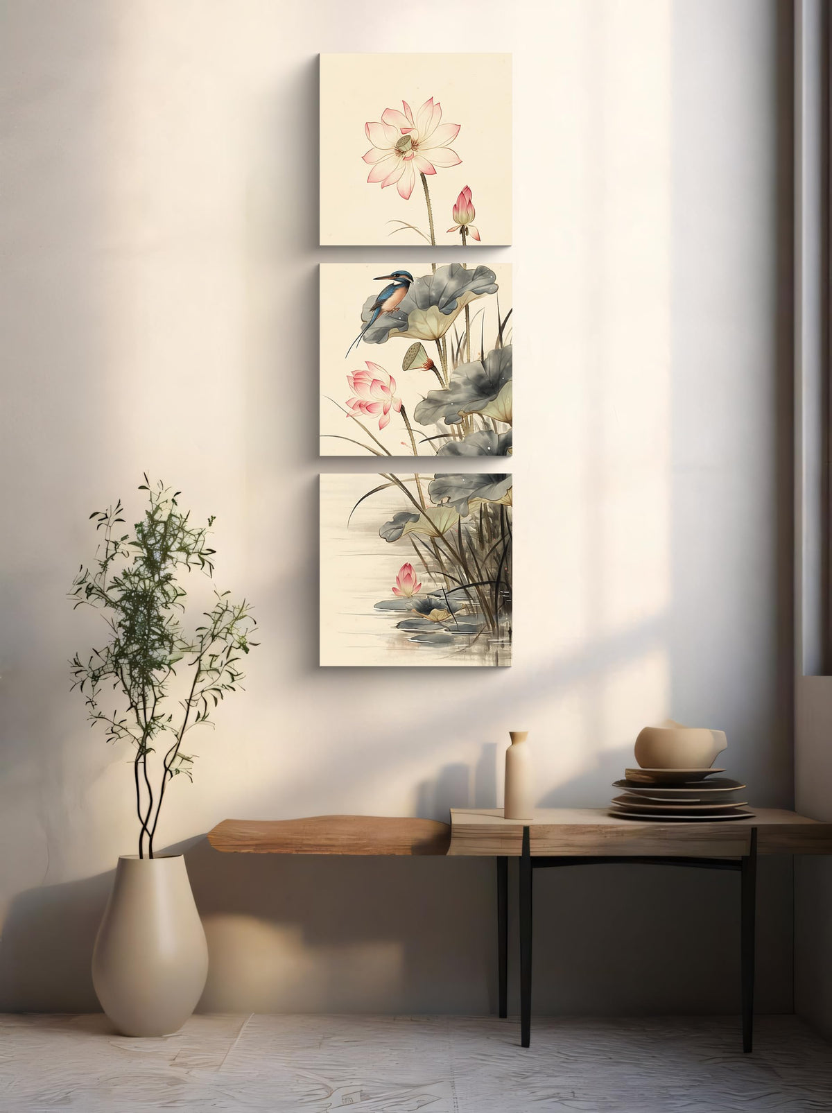 3Pcs Traditional Chinese Lotus Flower Kingfisher Canvas Wall Art Print Pink Blooming Lotus Asian Pictures Prints for Living Room Bedroom Bathroom Decor Zen Botanical Artwork Ready to Hang (Lotus and Kingfisher / 16x16inchx3)