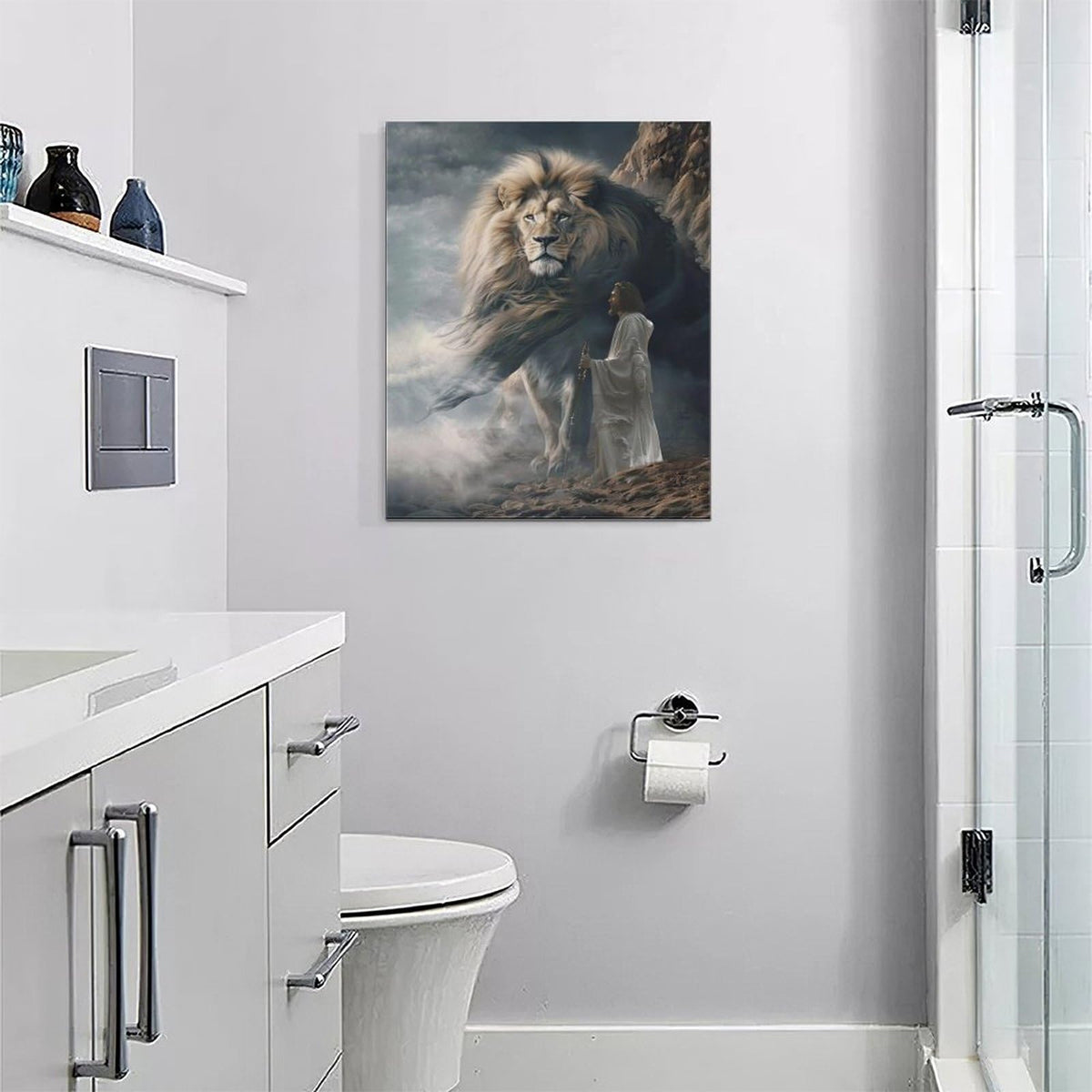 Jesus And Lion Wall Decor Christian Lion of Judah Pictures Christ Religious Canvas Wall Art God Painting Home Modern Artwork Framed for Church Living Room Bedroom Bathroom Office 16 x 20 inch (20"L x 16"W / Lion Jesus)