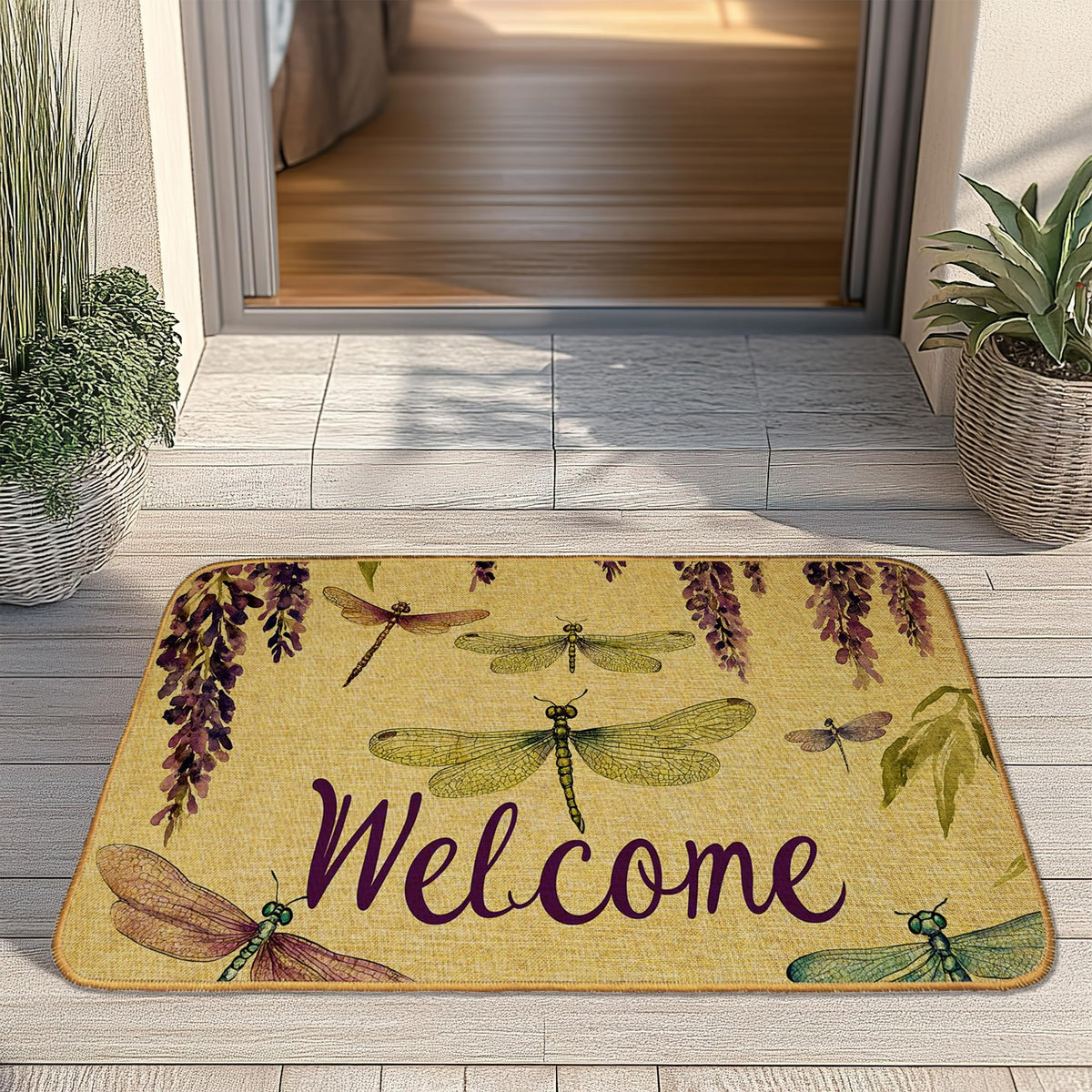 Purple Flower Dragonfly Door Mat (Purple Flower Dragonfly)