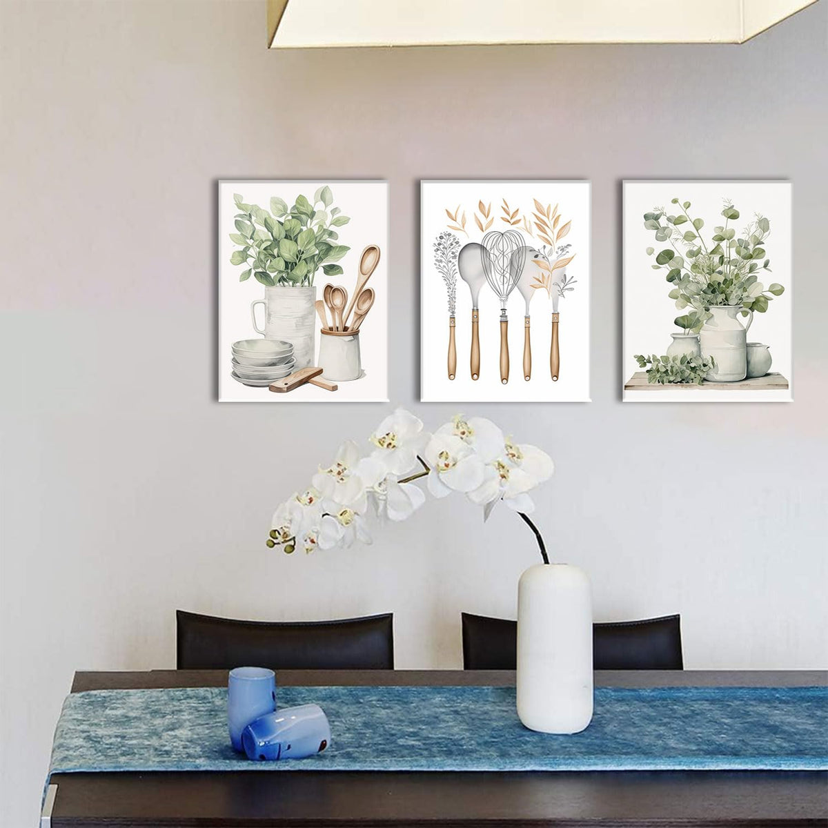 3 Piece Kitchen Wall Decor Sage Green Botanical Prints 12"x16" (Kitchenware Flowers / 12x16in)