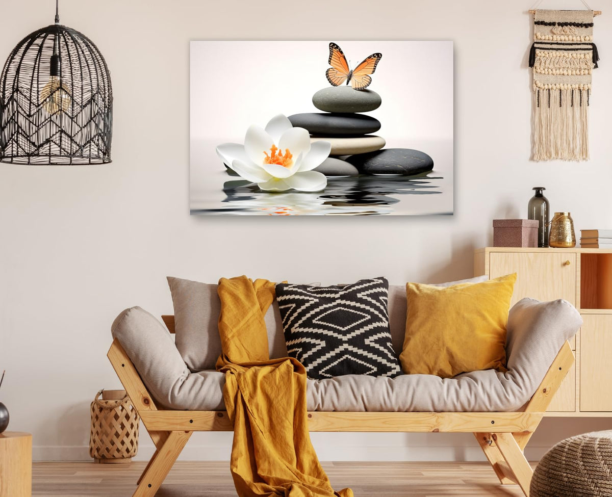 Zen Wall Art Lotus Painting Canvas Print Wall Decor Spa Stones with Butterfly Pictures Relax Meditation Artwork for Home Living Room Bedroom Bathroom Decor Frame (30"L x 20"W / R - Zen)