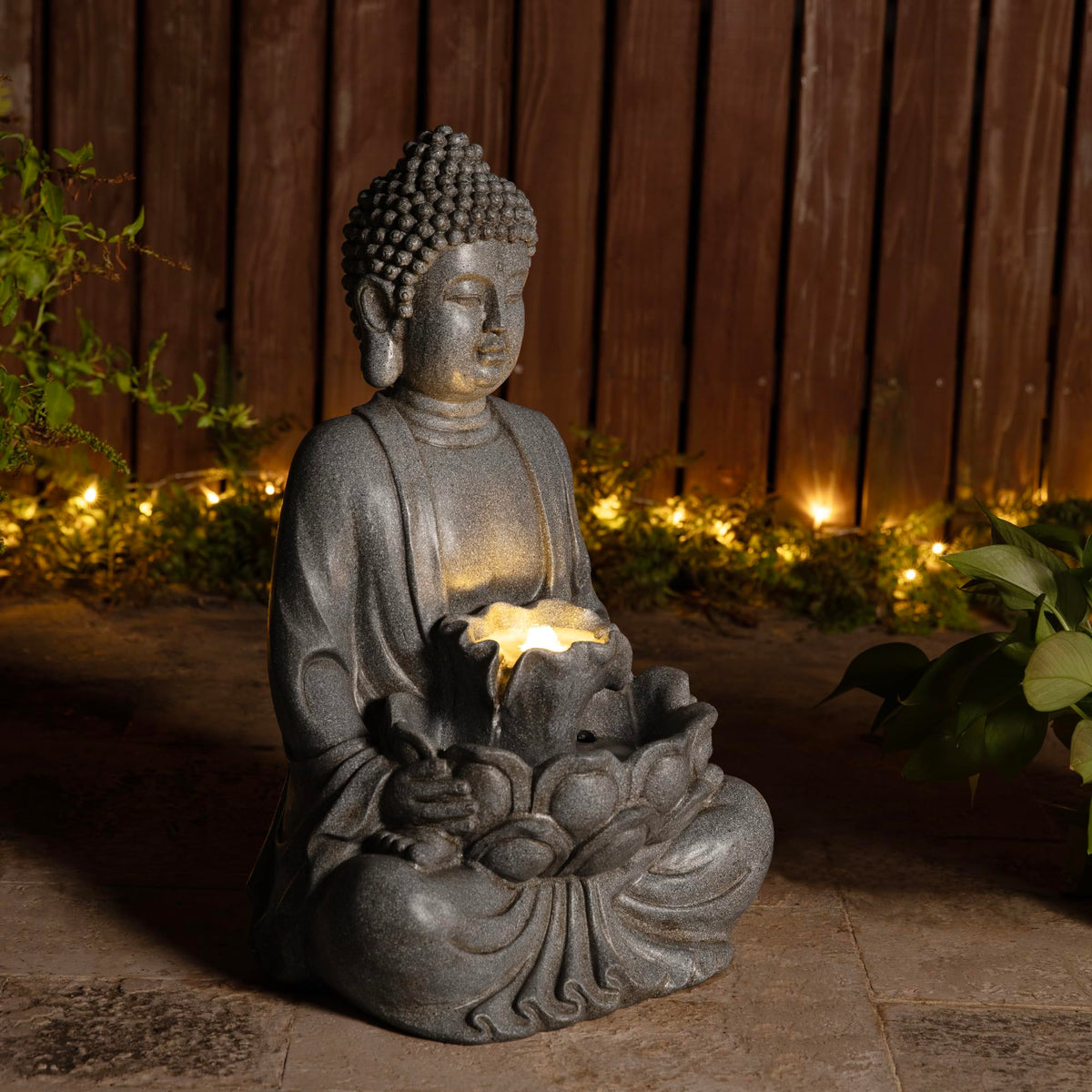 Buddha Fountain Outdoor with Pump & LED Light 23.25" H (Concrete Buddha W/Lotus Leaf&flower Basins / 23.25"H)