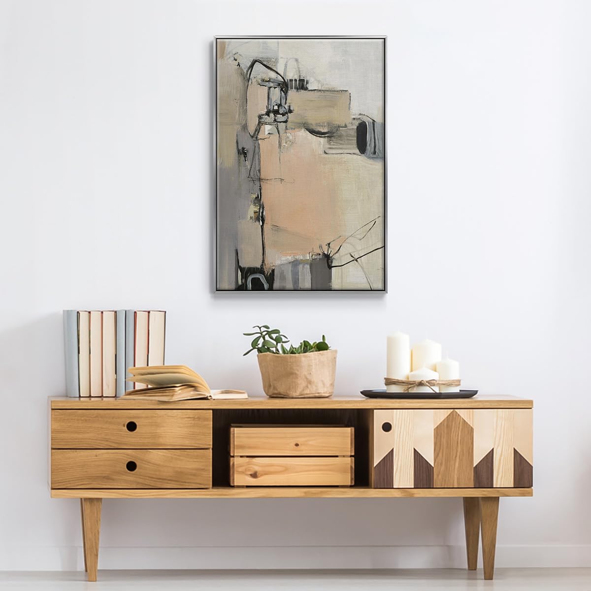 Abstract Wall Art Silver Floating Frame Prints for Home Decor Black Brown Sandstone Markings Canvas Modern Paintings for Office Bedroom Kitchen Walls (25"L x 17"W / Sandstone)