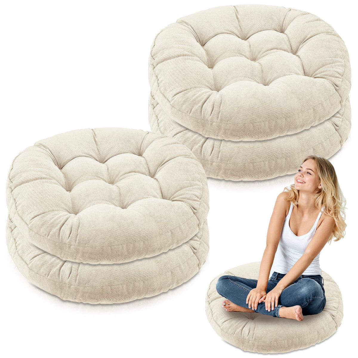 4 Pcs Beige Large Floor Pillow Cushion (Round 22 x 22 / Beige)