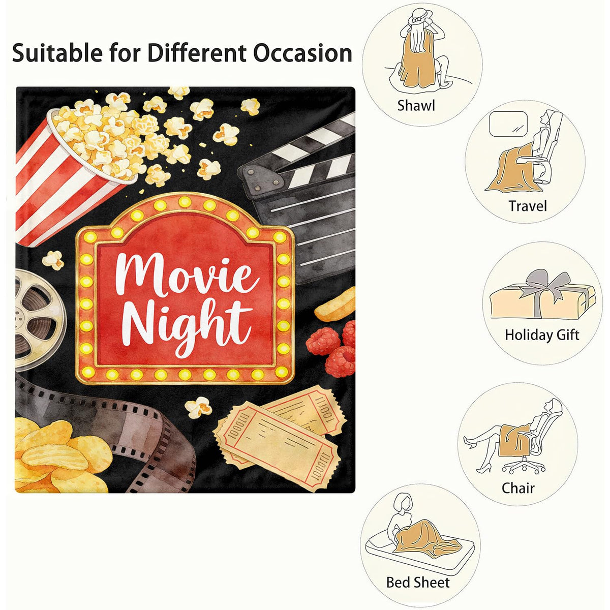 Movie Night Fleece Blanket Popcorn Cinema Blanket Gifts Room Decor 50"x60" (Movie Night / 50"X60")