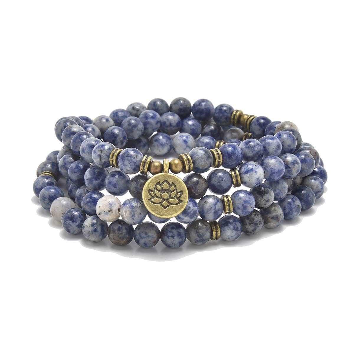 108 Natural Stone Mala Beads Yoga Bracelet with Lotus Charm (Sodalite)