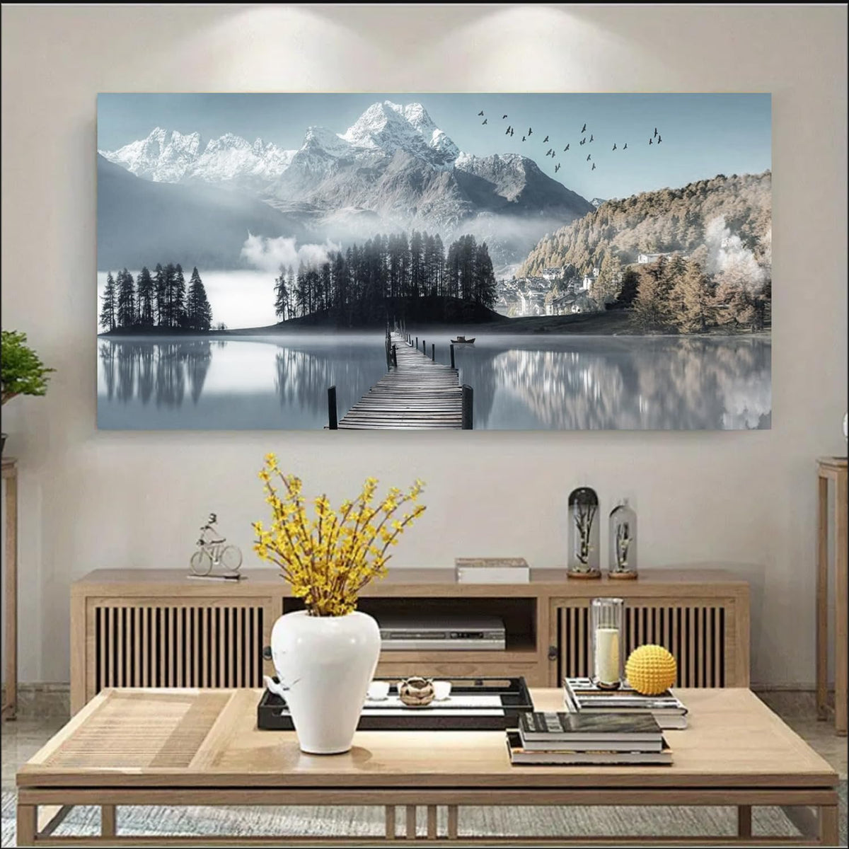 Large Lake Wall Art Mountain Picture Landscape Wall Decor Living Room Nature Canvas Painting Tree Print Scenery Poster Office Artwork for Bedroom Wall Art Home Decoration (Wlake / 60"L x 30"W)