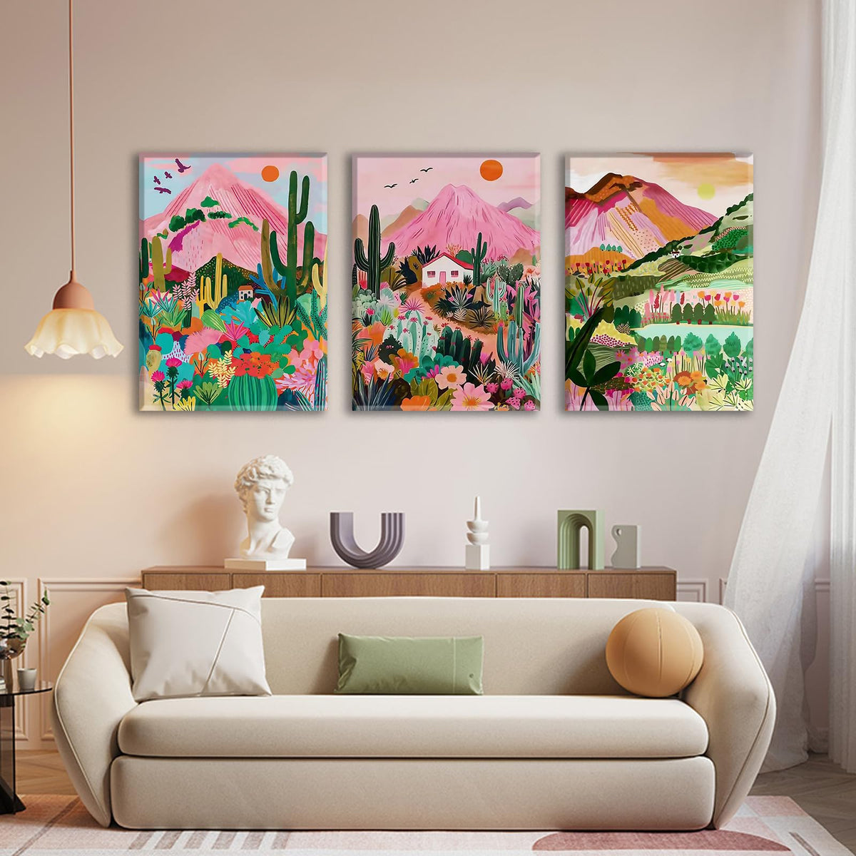 3Pcs Abstract landscape wall art with vibrant colors (Pink cactus / 16X24inch)