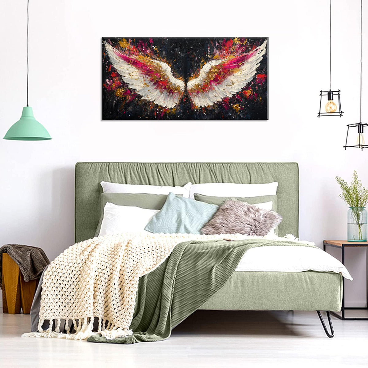 Multicolor Angel Wings Wall Art for Living Room Office Divine Inspiration Splatter Paint Art Painting Prints Contemporary Canvas Artwork Dining Bedroom Decor Large (Contemporary / White Gold Red Angel Wings Wall Art / 46L" x 23W")