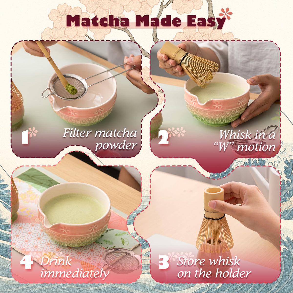8 Pcs Matcha Whisk Set. Matcha set includes matcha bowl with Cherry Blossom (Pink-Green)