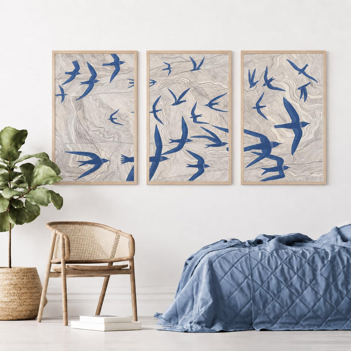 Abstract Blue Bird Wall Art Japandi Texture Flying Bird Canvas Print (Blue Swallows / 16 X 24 Inches)