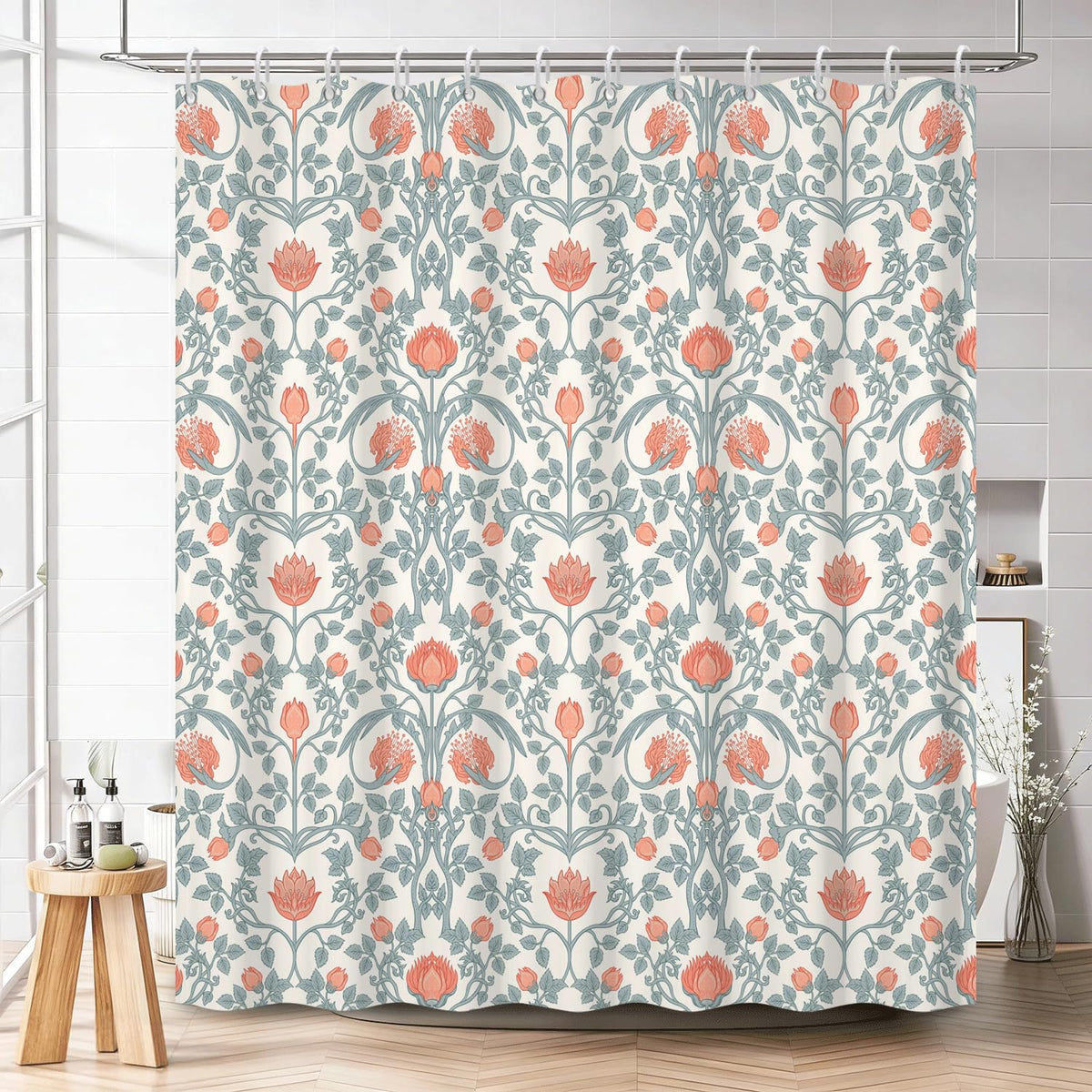 Art Nouveau Floral Print Waterproof Fabric Shower Curtain with Rings (Classic Flora)