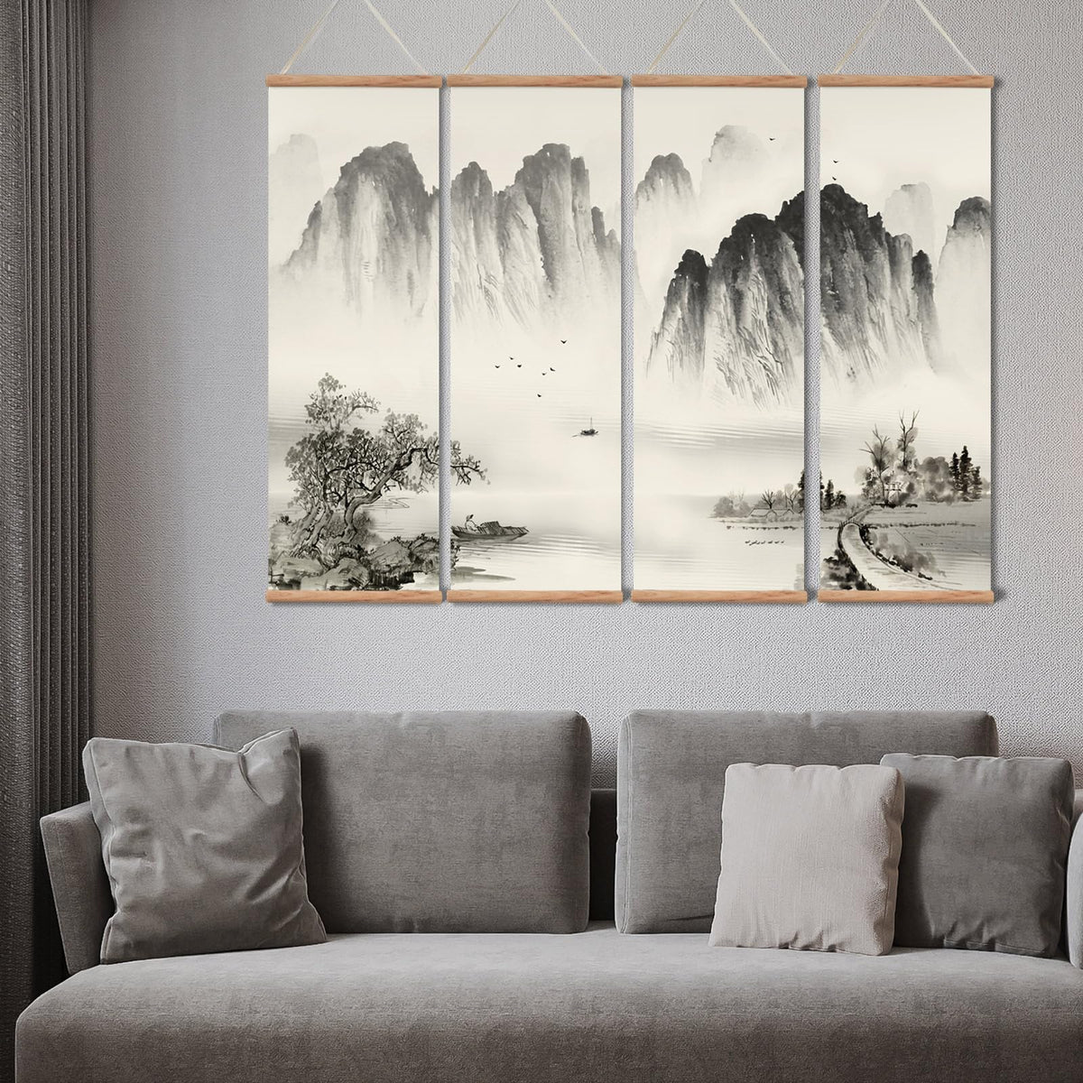 Chinese Ancient Landscape Scroll Wall Art (12”x36”x4piece / landscape-Oak)
