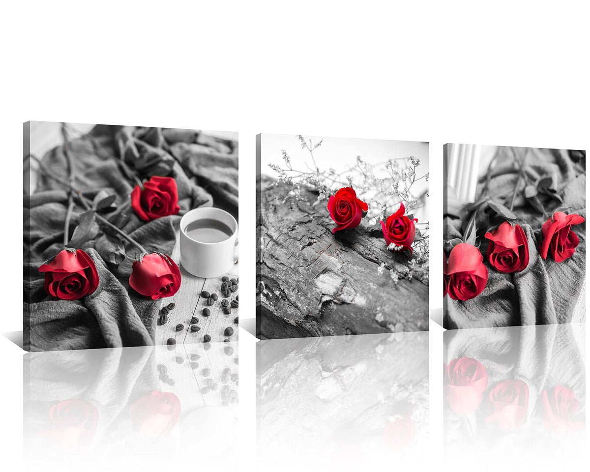 Canvas Print 3 Pcs Black and White Red Rose Canvas Art Painting Abstract Wall Art Decorations Flower Picture on Canvas for Home Decor Stretched and Framed (20 x 20 inches (3-Piece Set) / B&W Rose)