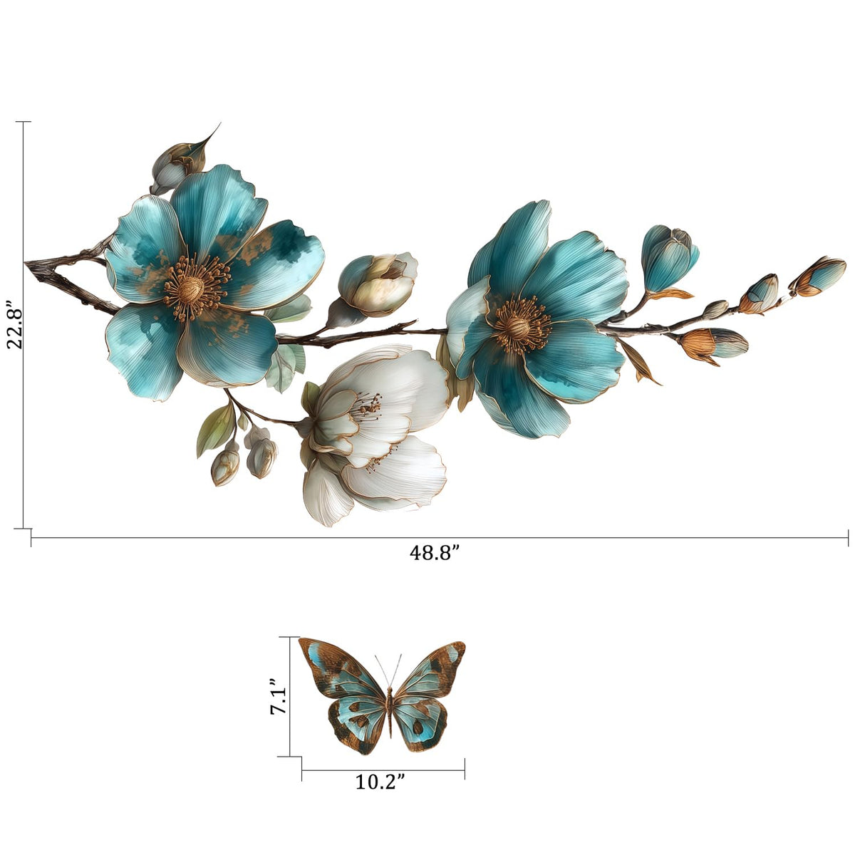 Teal Blue Flower Wall Decals with Butterfly (Vintage, Elegant, Botanical, Chinoiserie, Art Deco, Traditional, Contemporary, Rustic)
