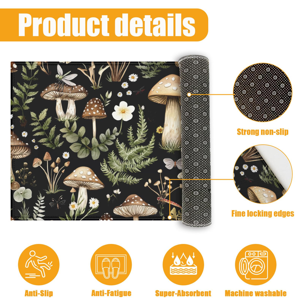 Vintage Mushroom Bath Mat for Bathroom (Forest Mushrooms)
