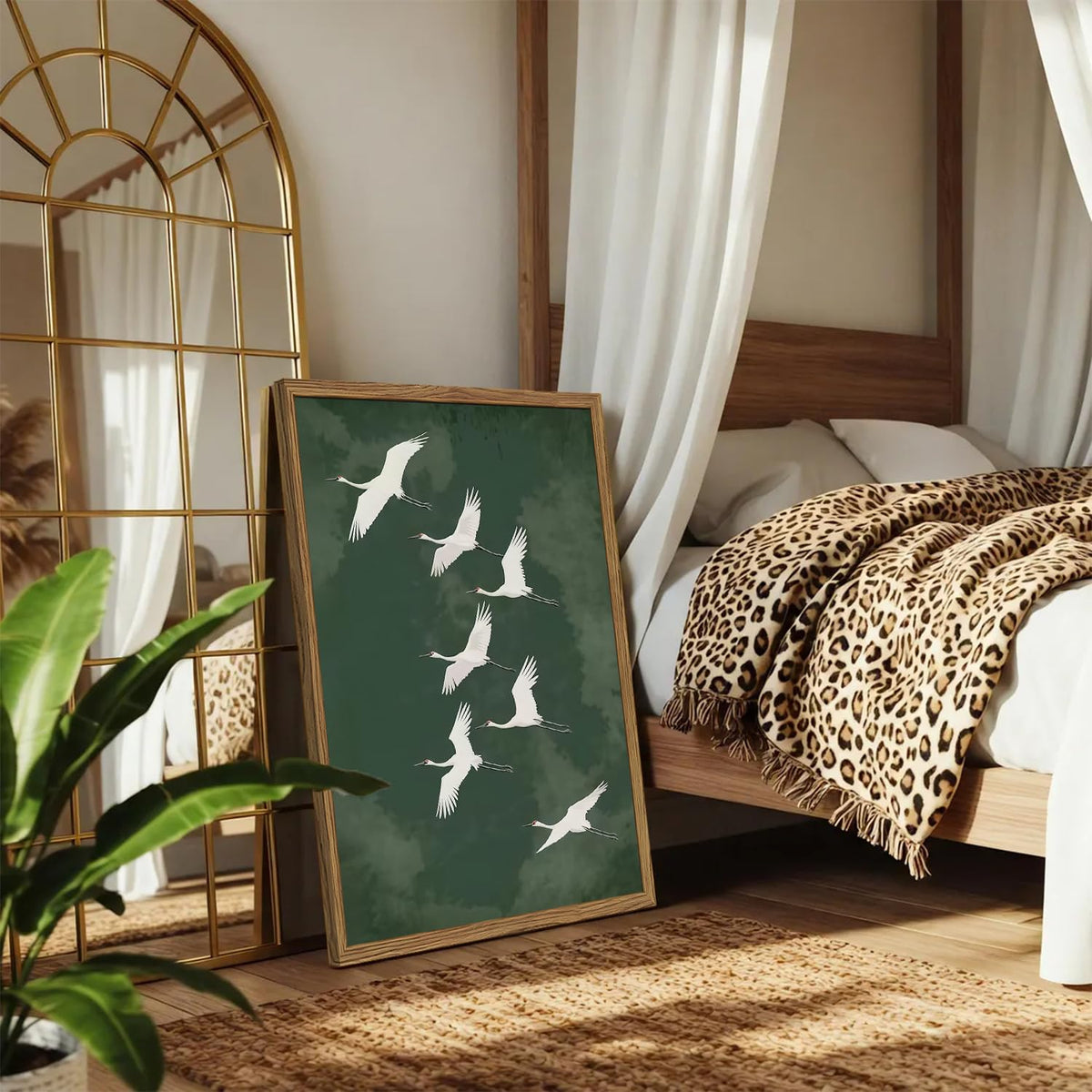 Framed Japanese Flying Cranes Wall Art (White / 16"L x 12"W)