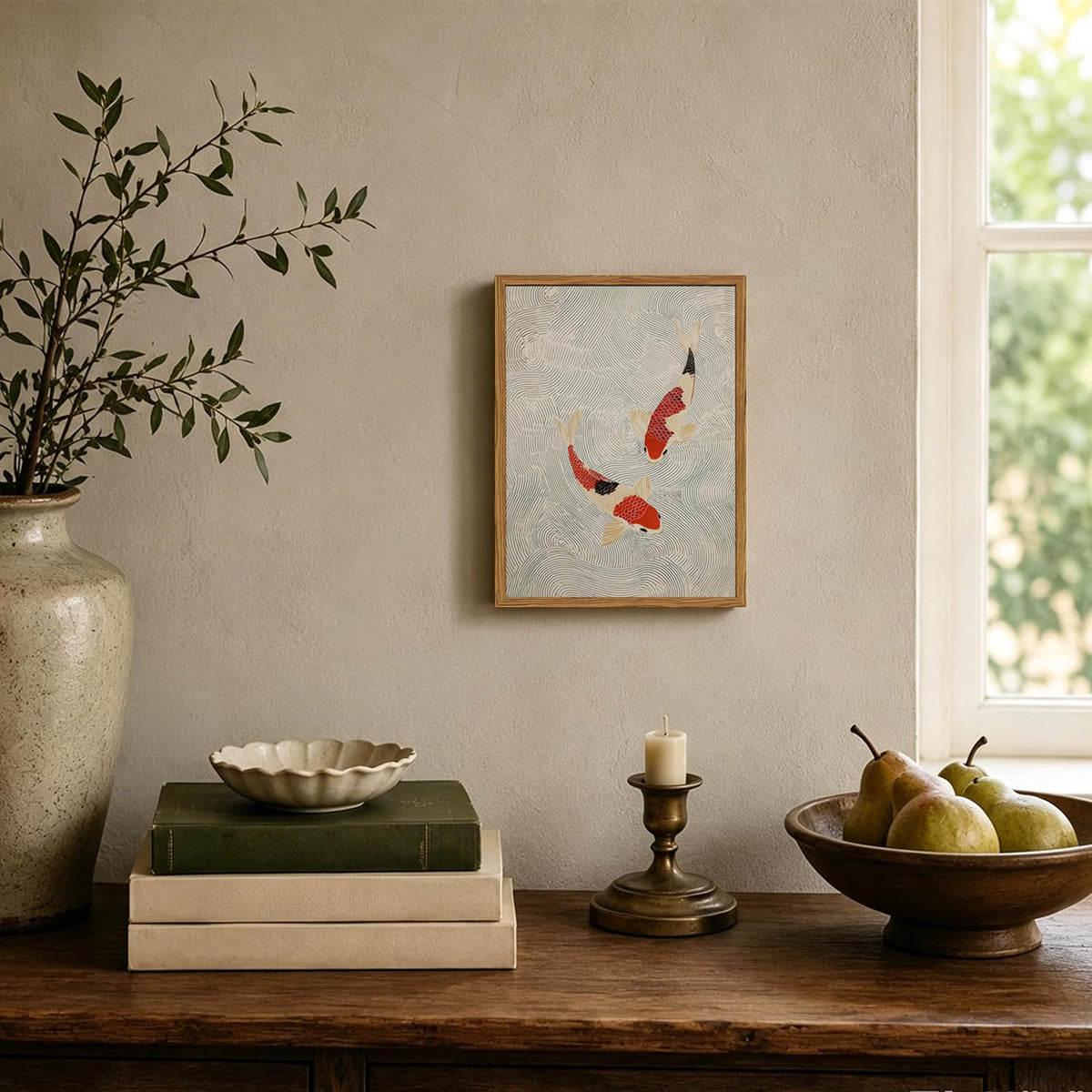 Framed Japanese Wall Art (Red and cream koi / 10"L x 8"W)