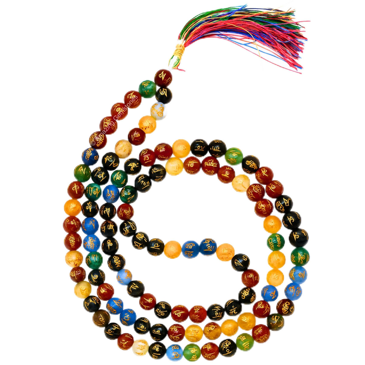 Multi Padme Hum Buddhist Prayer Beads Japa Mala with 108 Meditation Beads (Without Knots / Multi (Padme Hum))
