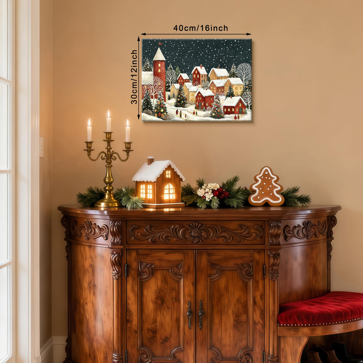 Vintage Christmas Winter Village Canvas Wall Art 12"x16" (Red Snow Town / 12"L x 16"W)