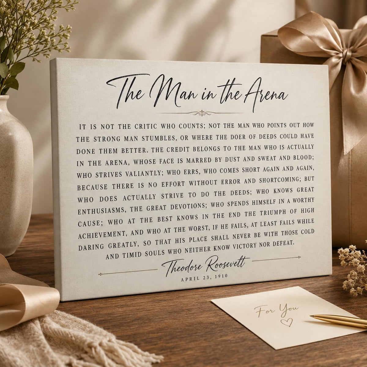 Theodore Roosevelt Framed Canvas Wall Art Historic Quote Decor 12x16 Inches (The Man in the Arena / 16"L x 12"W)