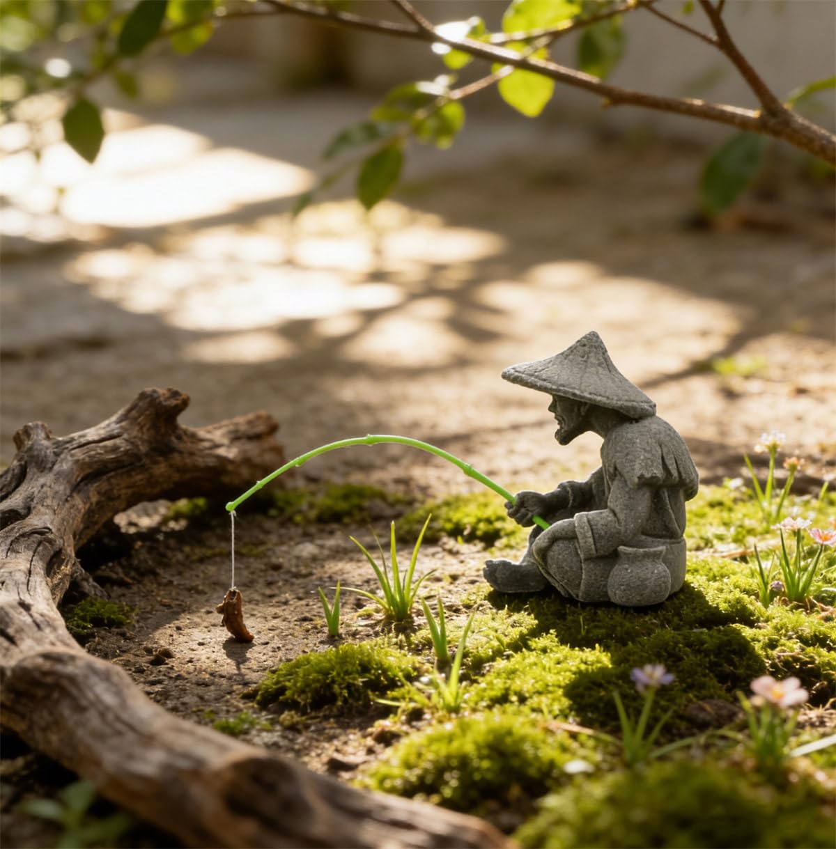 Mini Fisherman Statue Asian Zen Decoration Sitting Fishing Figurines Sandstone Vintage Ornament for Aquarium Fish Tank Pot Garden Home Japanese Decor (Yellow)