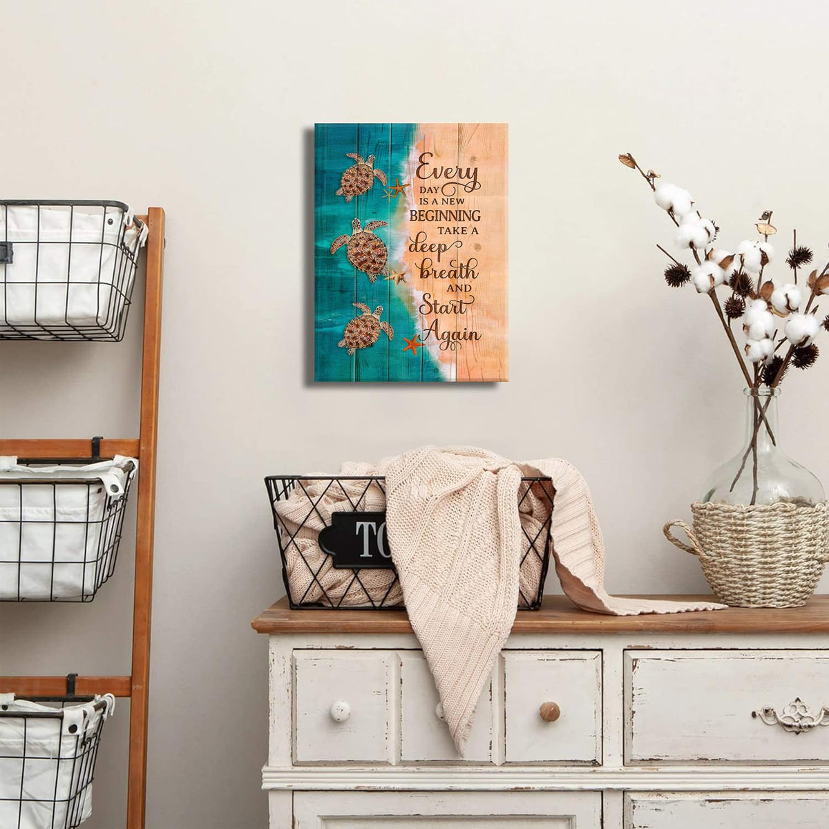Sea Turtle Wall Art Teal Bathroom Decor Farmhouse Coastal Room Decor Inspirational Quotes Canvas Prints Poster for Bedroom Office Everyday is a New Beginning Sign Painting Artwork Decoration 12x16” (16"L x 12"W / TurtleSign)
