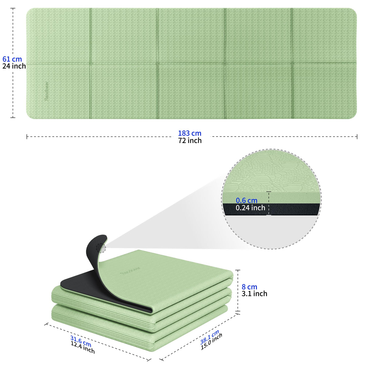 Foldable Yoga Mat for Travel Folding Yoga Mat 6mm Thick with Carrying Bag (Green)