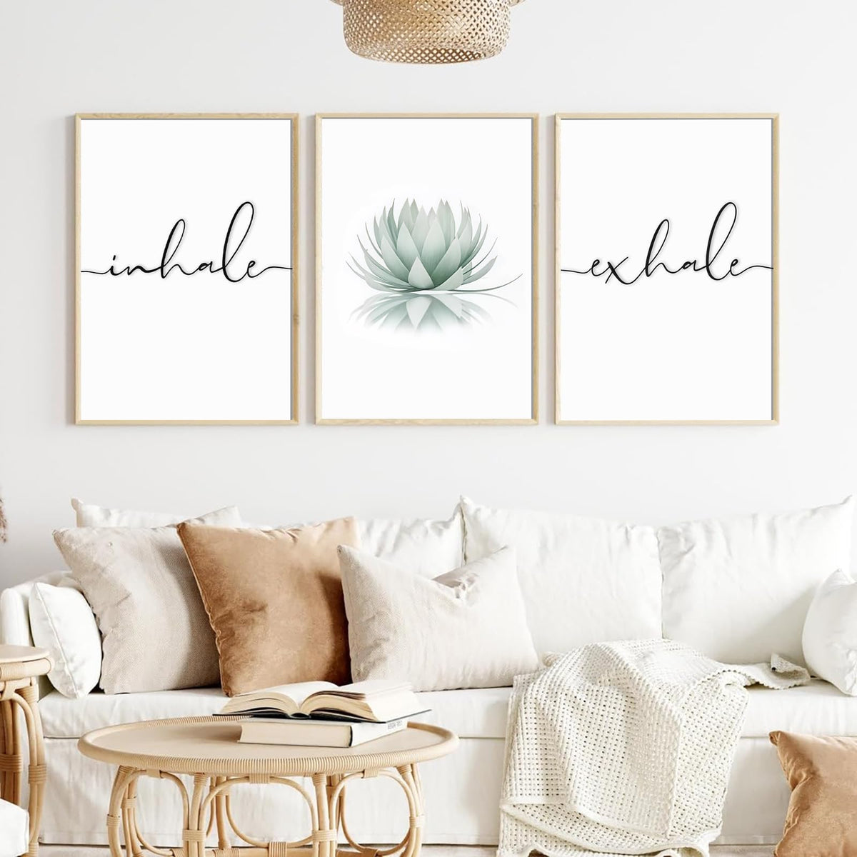 Zen Above Bed Poster Print Decor Inhale Exhale Green Lotus Flower Canvas Wall Art Painting Yoga Calming Meditation Artwork Pictures Bedroom Living Room Decoration 16x24 Inch Unframed Set of 3 (Green Lotus Art Prints / 16x24 Inch)