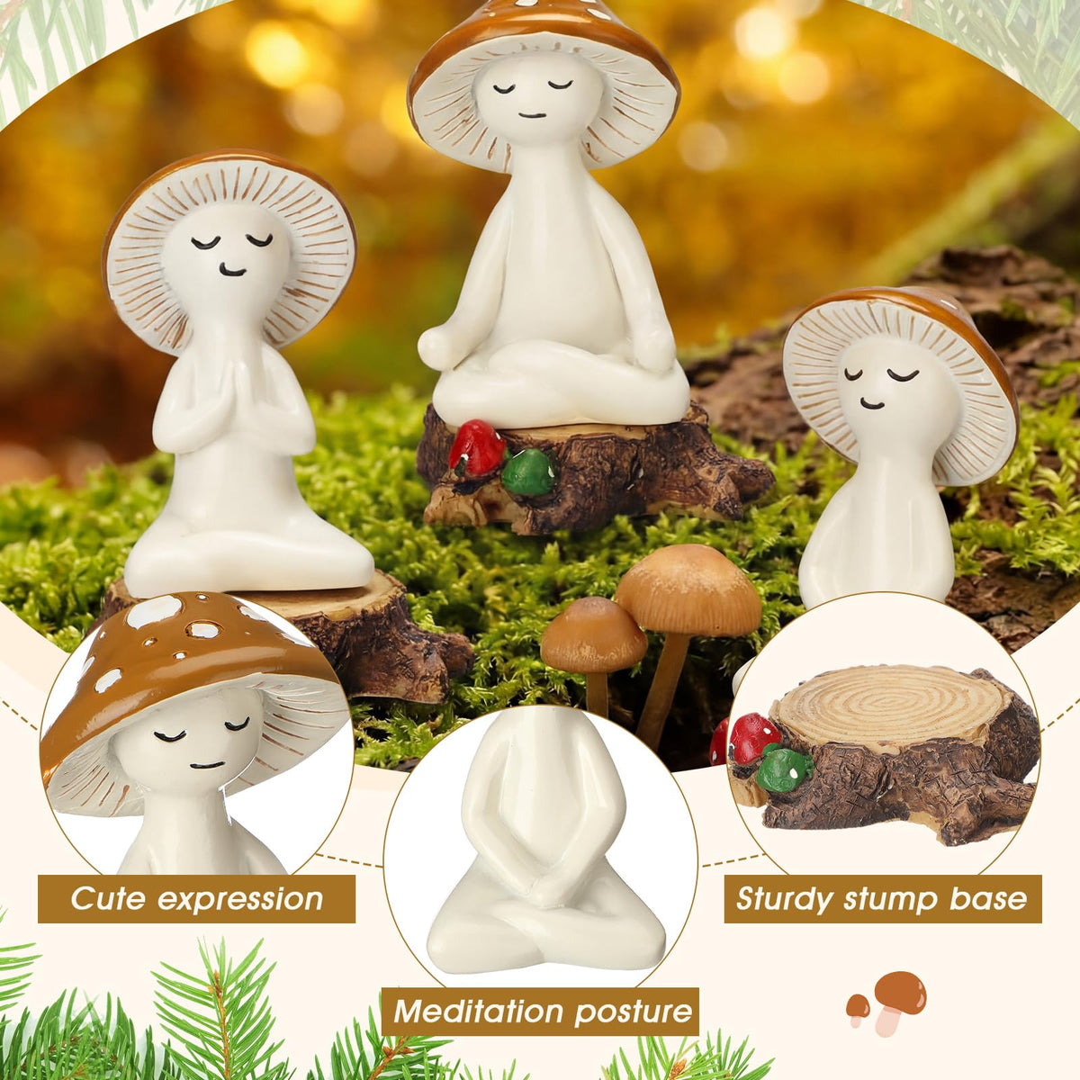 3 Pcs Meditation Mushroom Statue with Stump Resin Figurine (Mushroom with Stump)